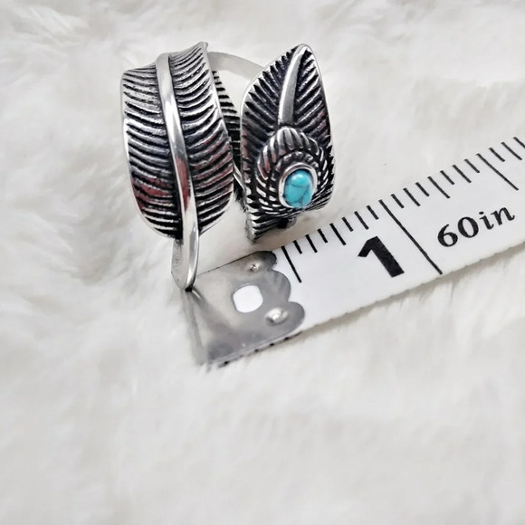 Boho Stainless Steel Feather Turquoise Ring Festival Gypsy Bohemian - Picture 6 of 8